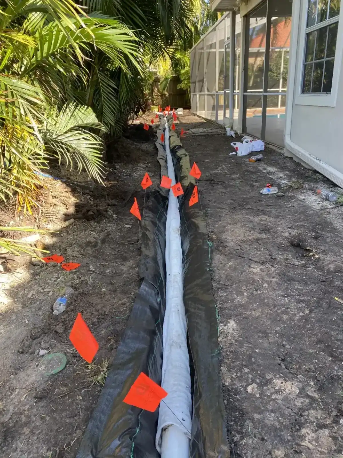 Downspout and yard drainage route for Cedar Ridge Outdoor Living